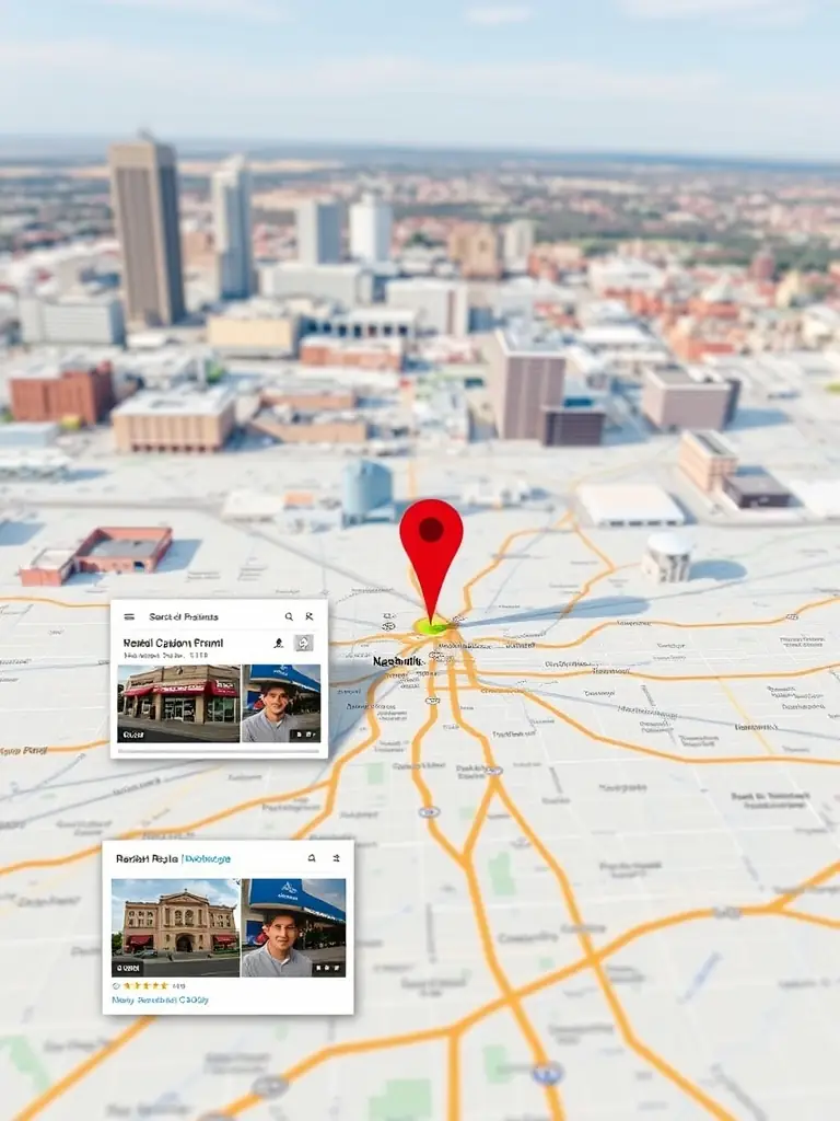 A map with a business pin highlighted in Nashville, with search results showing the business at the top, illustrating MXM Exposure's Local SEO service.