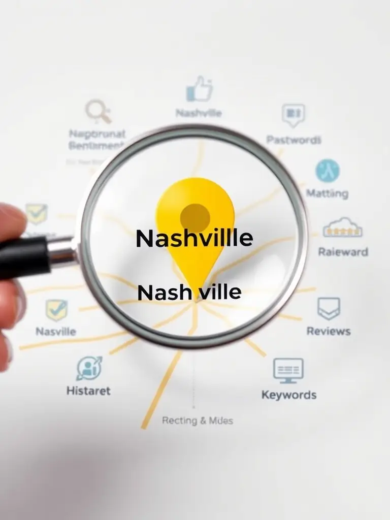 A stylized image of a magnifying glass focusing on a local map pin, surrounded by digital icons representing local SEO strategies, such as online directories, customer reviews, and local keywords.