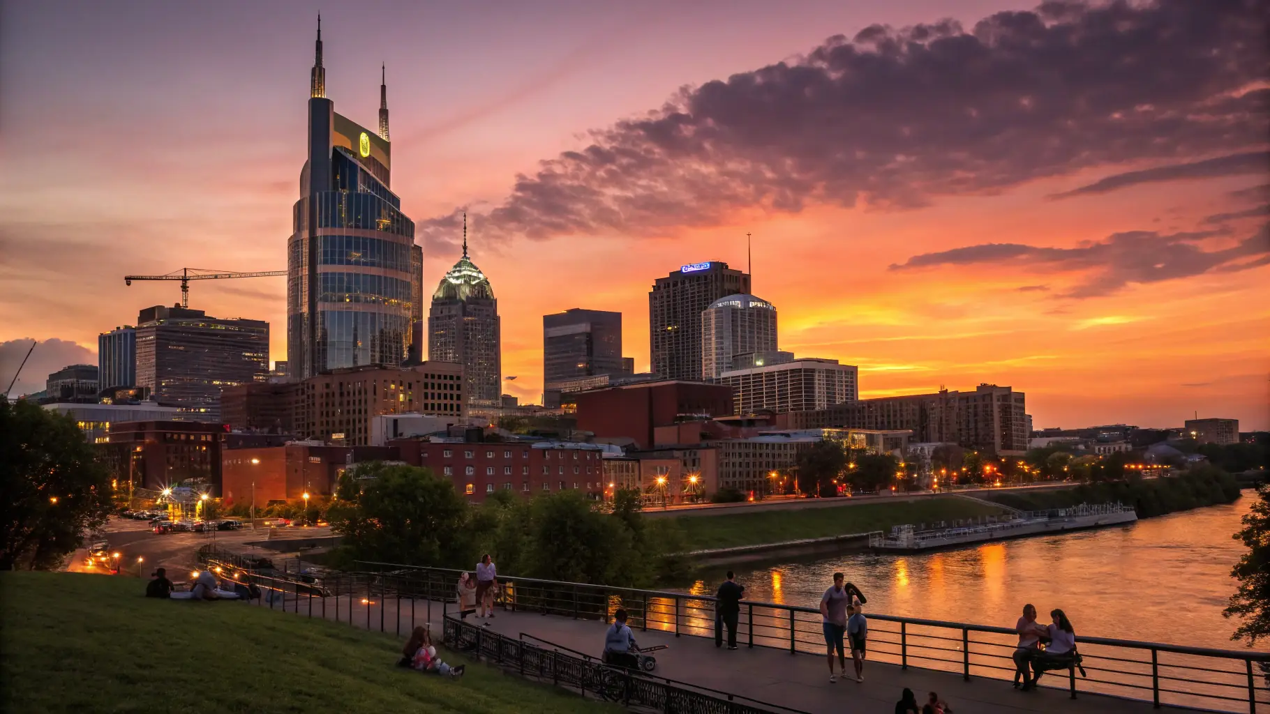 A photograph of the Nashville skyline at sunset, with the MXM Exposure logo subtly incorporated into the scene.