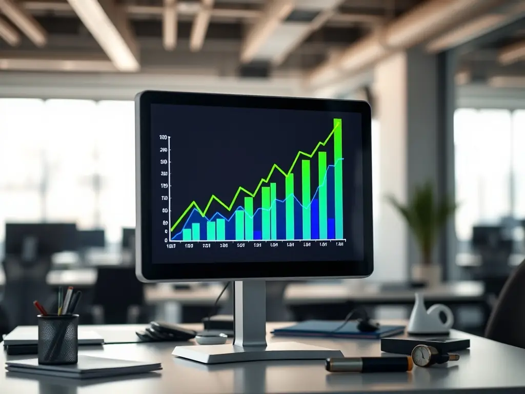 A graph trending upwards, symbolizing business growth and success, with digital marketing tools and strategies in the background.
