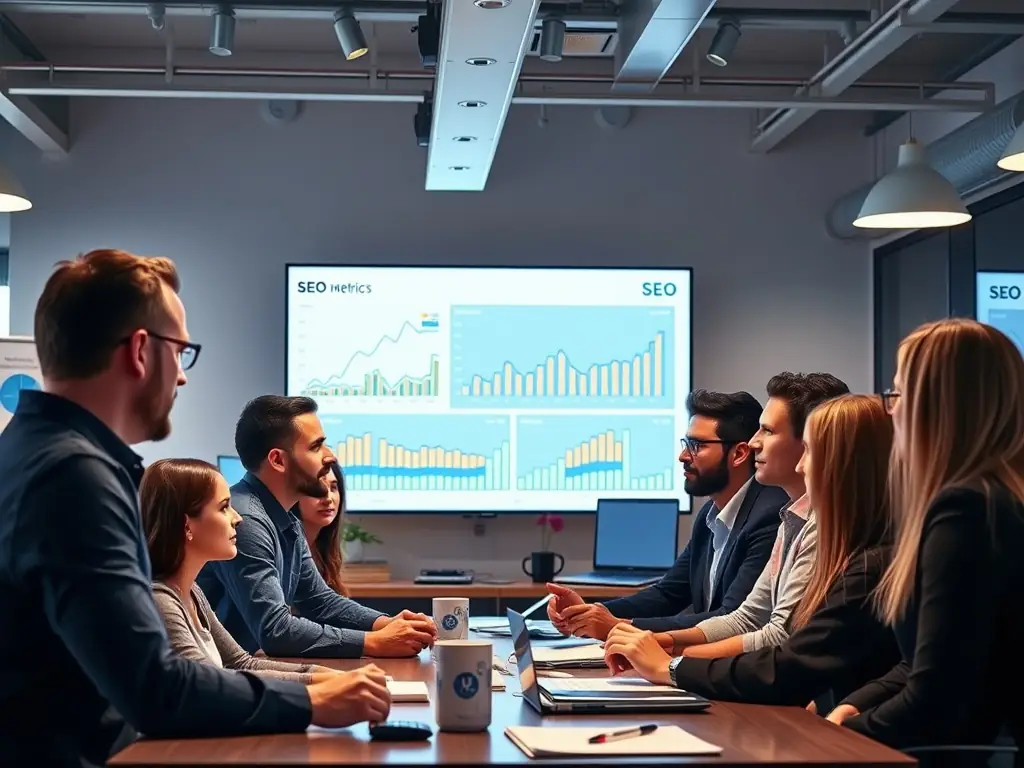 A professional office setting with a team of digital marketers collaborating around a large screen displaying SEO analytics and website performance data, emphasizing a data-driven approach.