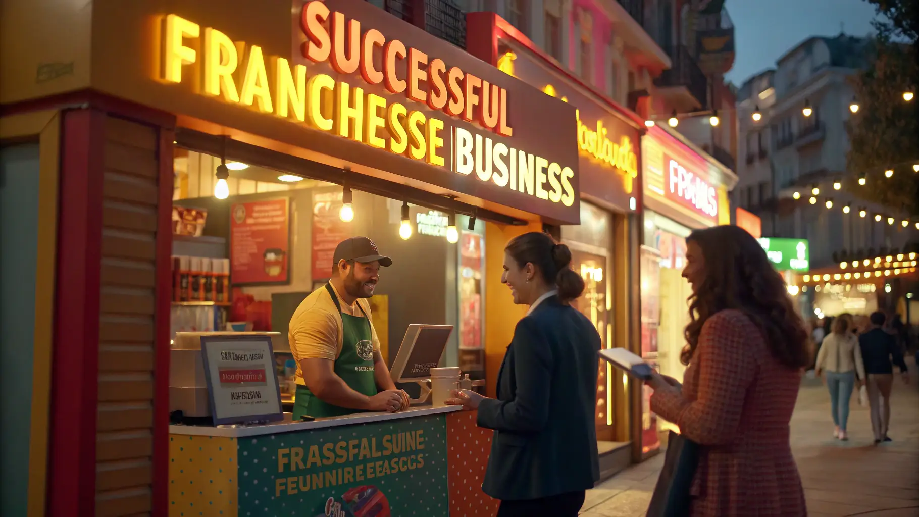 A clean and organized franchise location with consistent branding and happy customers, showcasing the benefits of a well-managed franchise.